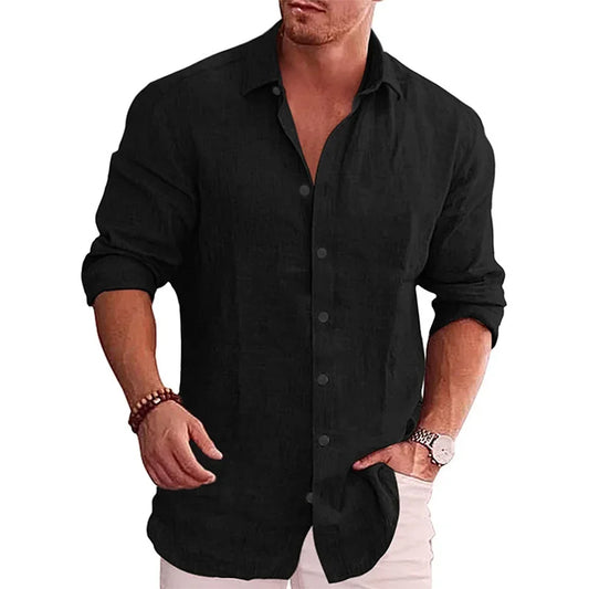 Men's Autumn Linen Shirt – Solid Color Long Sleeve in Casual Classic Fit
