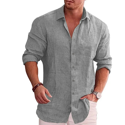 Men's Autumn Linen Shirt – Solid Color Long Sleeve in Casual Classic Fit