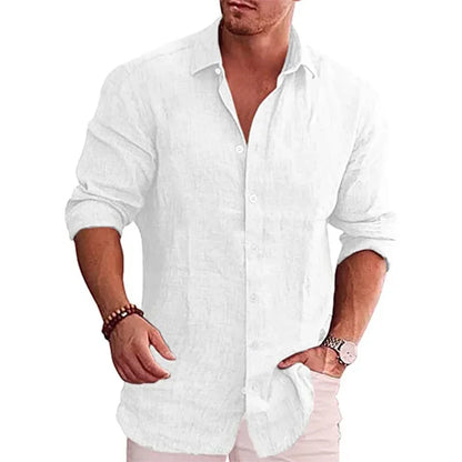 Men's Autumn Linen Shirt – Solid Color Long Sleeve in Casual Classic Fit