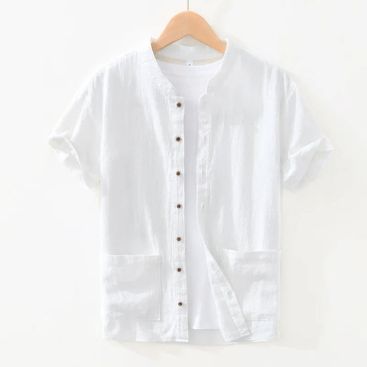 Men's Summer Linen Shirt – Lightweight White Classic with Turn-Down Collar"